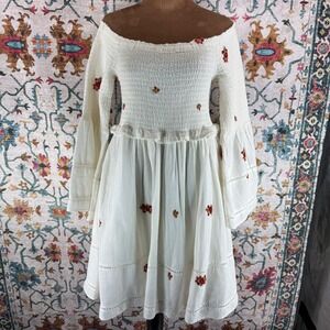 Free People White Floral Embroidered Smocked Off Shoulder Bell Sleeve Mini Dress